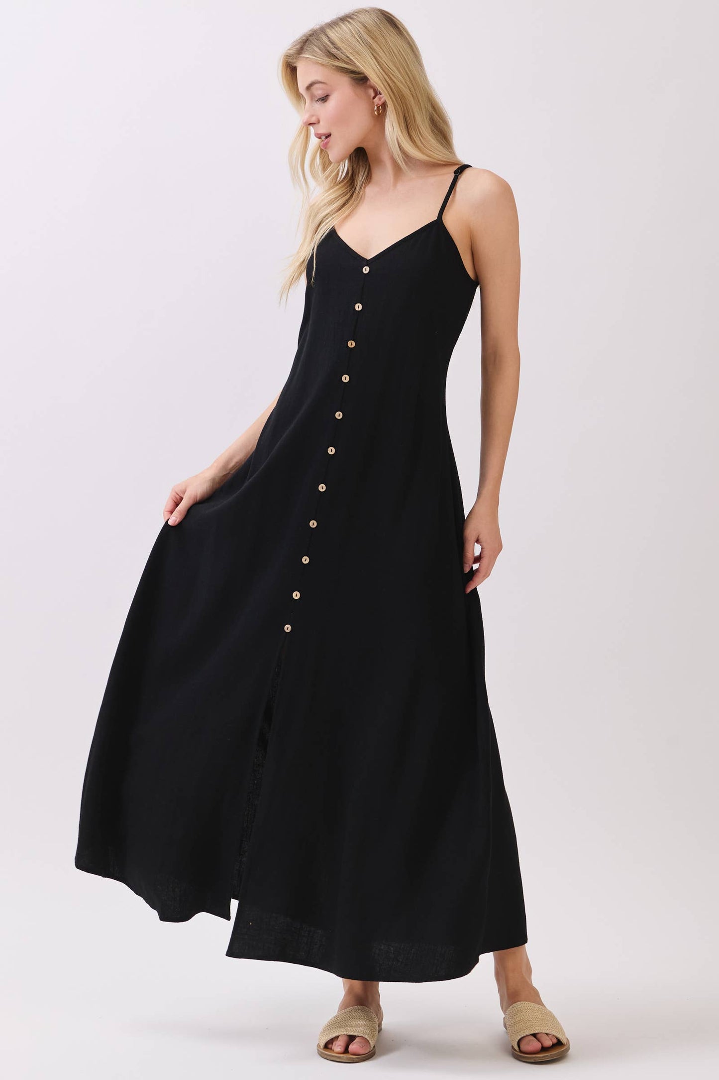 FLOWY DRESS WITH BUTTONED TRIM AND SLIT - VND40209E8