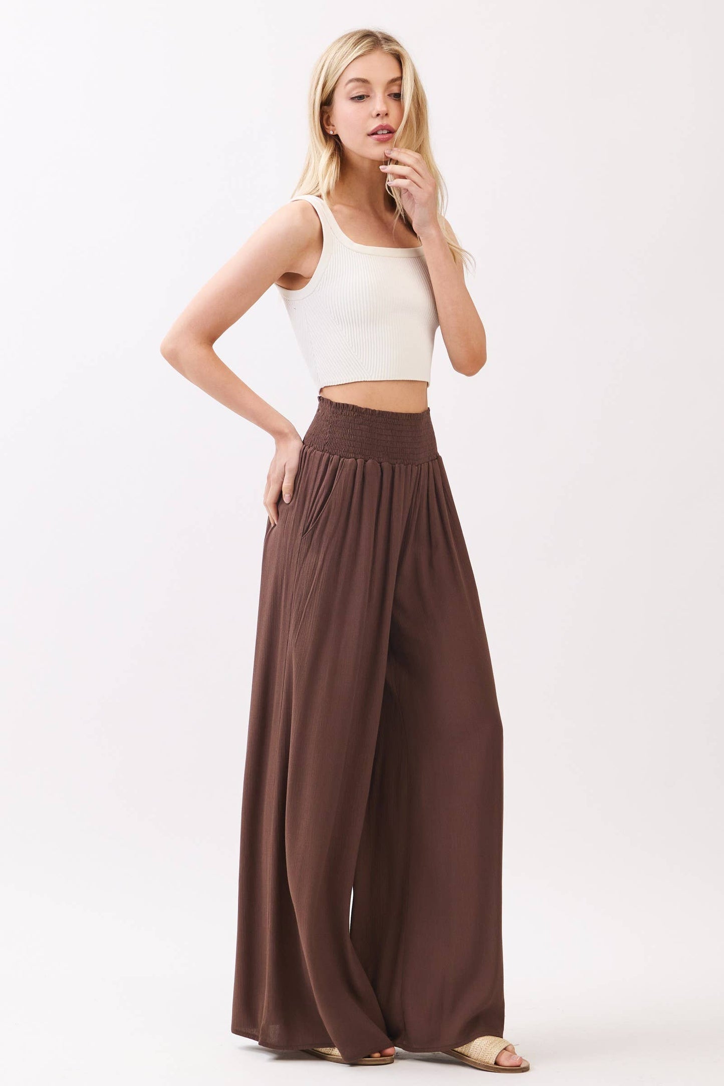 WIDE SMOCK WAIST WIDE LEG PANTS - VNP70263D