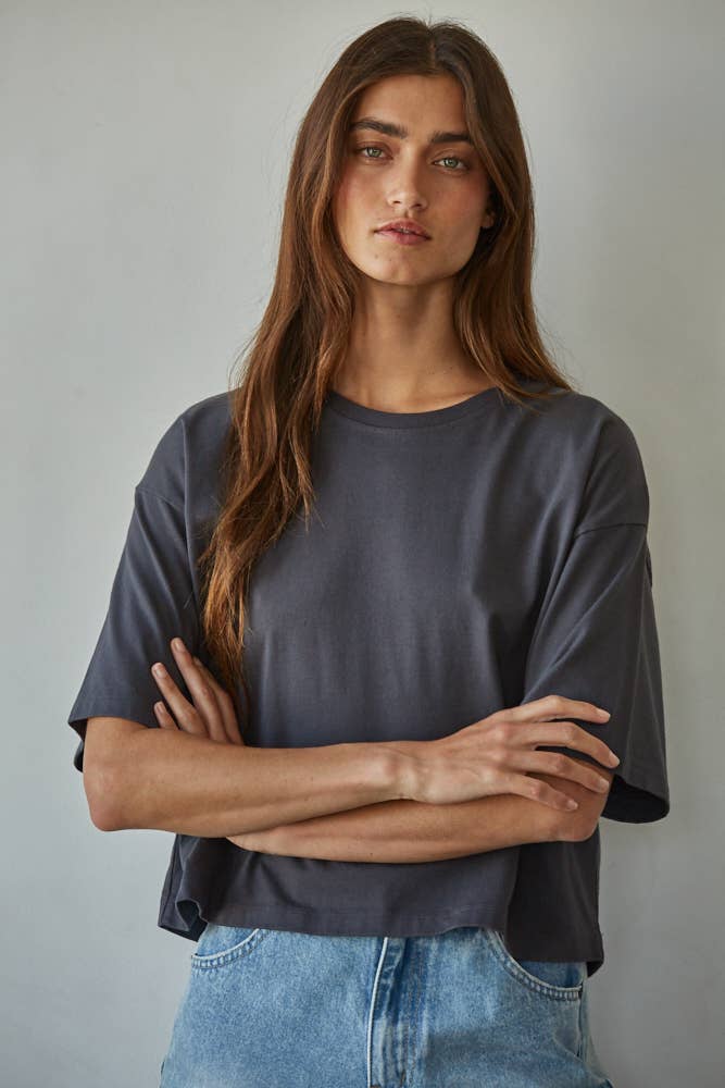By Together - L8688 | Knit Cotton Crew Neck Drop Shoulder Short Sleeve Top