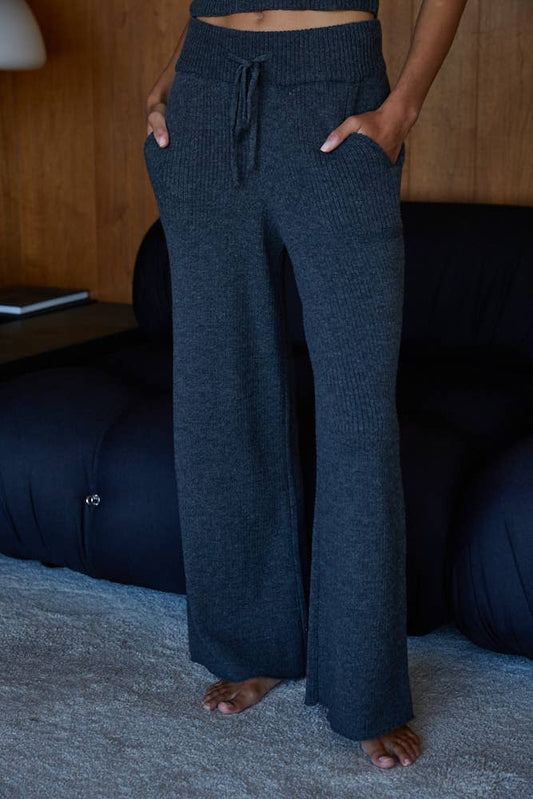 By Together - W2242B | Knit Sweater Ribbed Straight Leg Pants