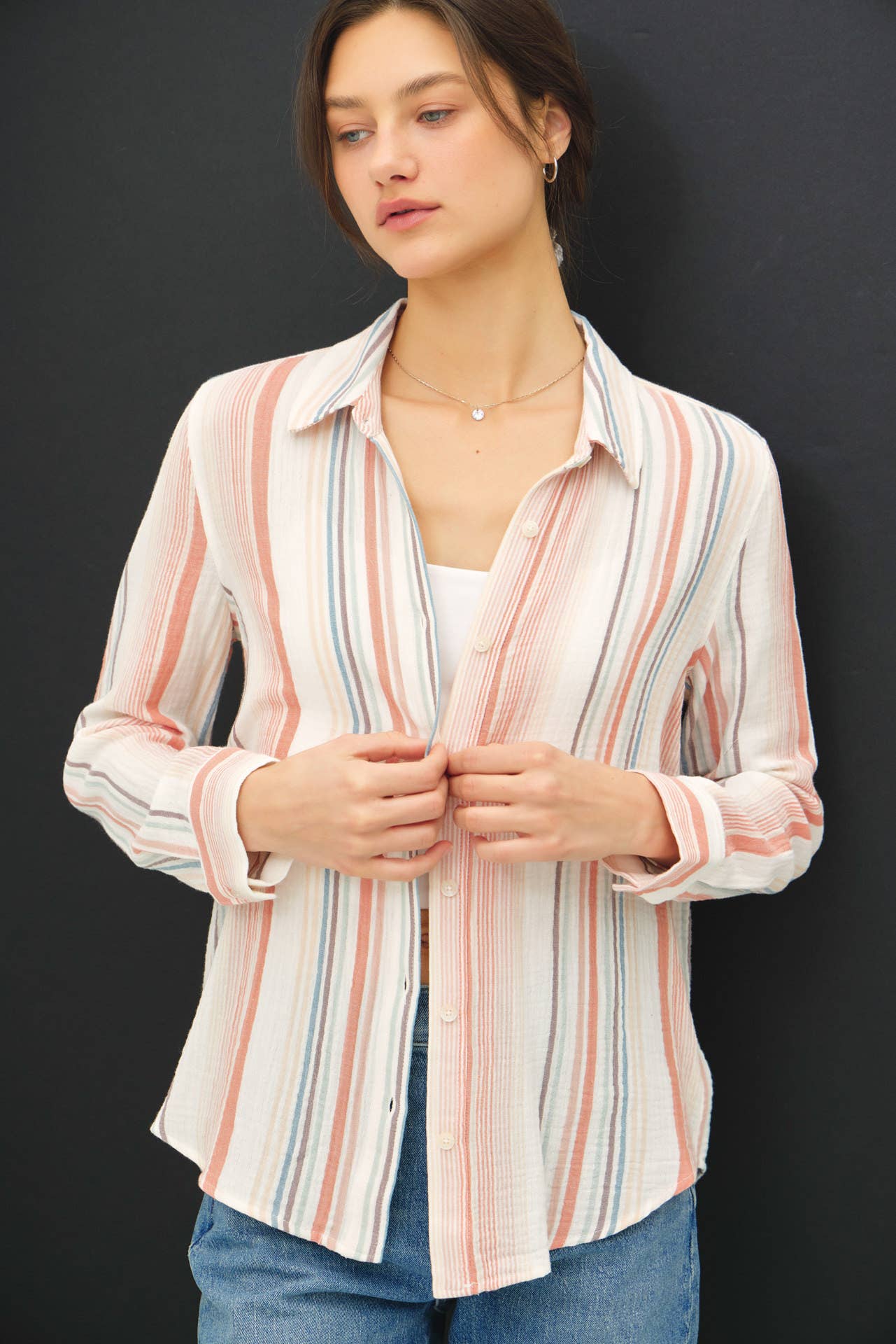 Be Cool - STRIPED GAUZY BUTTON UP TOP W/ ROLL UP SLEEVES