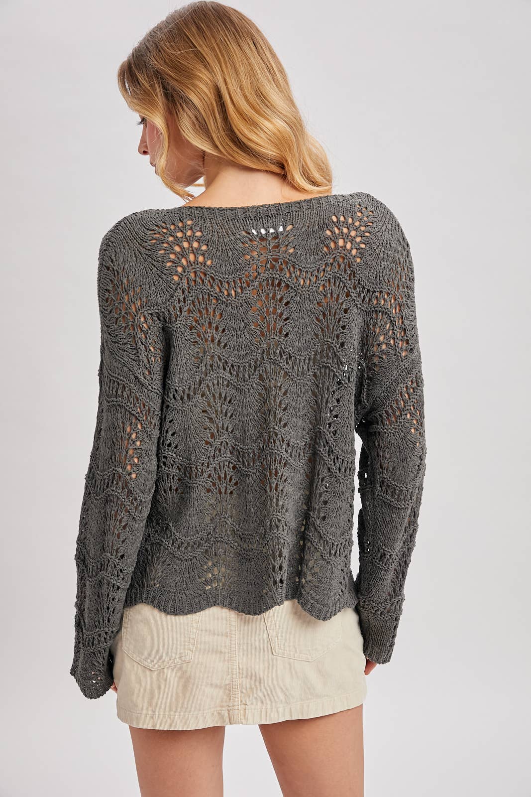 Bluivy - BOAT NECK SCALLOPED HEM OPEN KNIT SWEATER