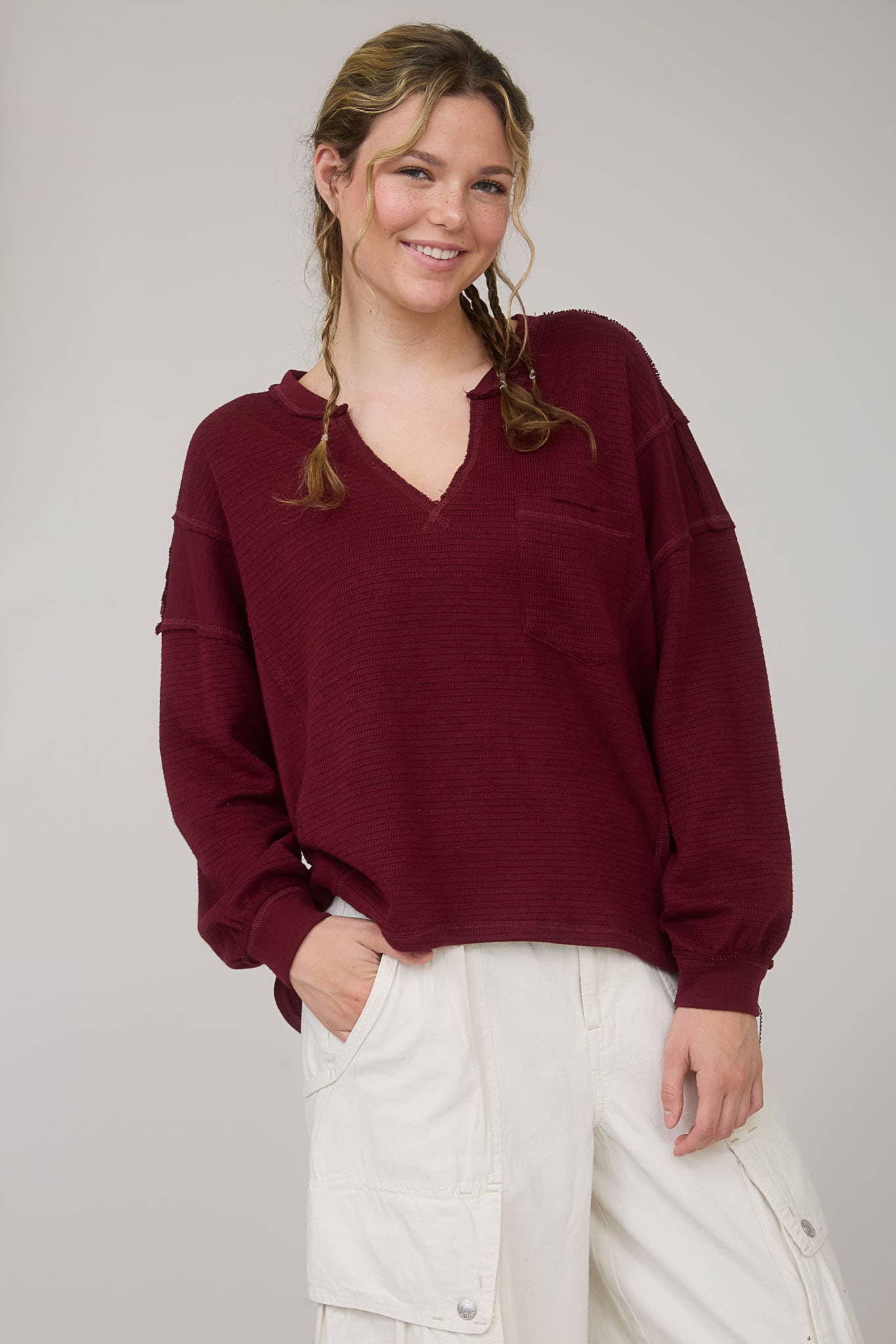 SOLID PATCHWORK SPLIT NECK KNIT TOP - Blu Pepper