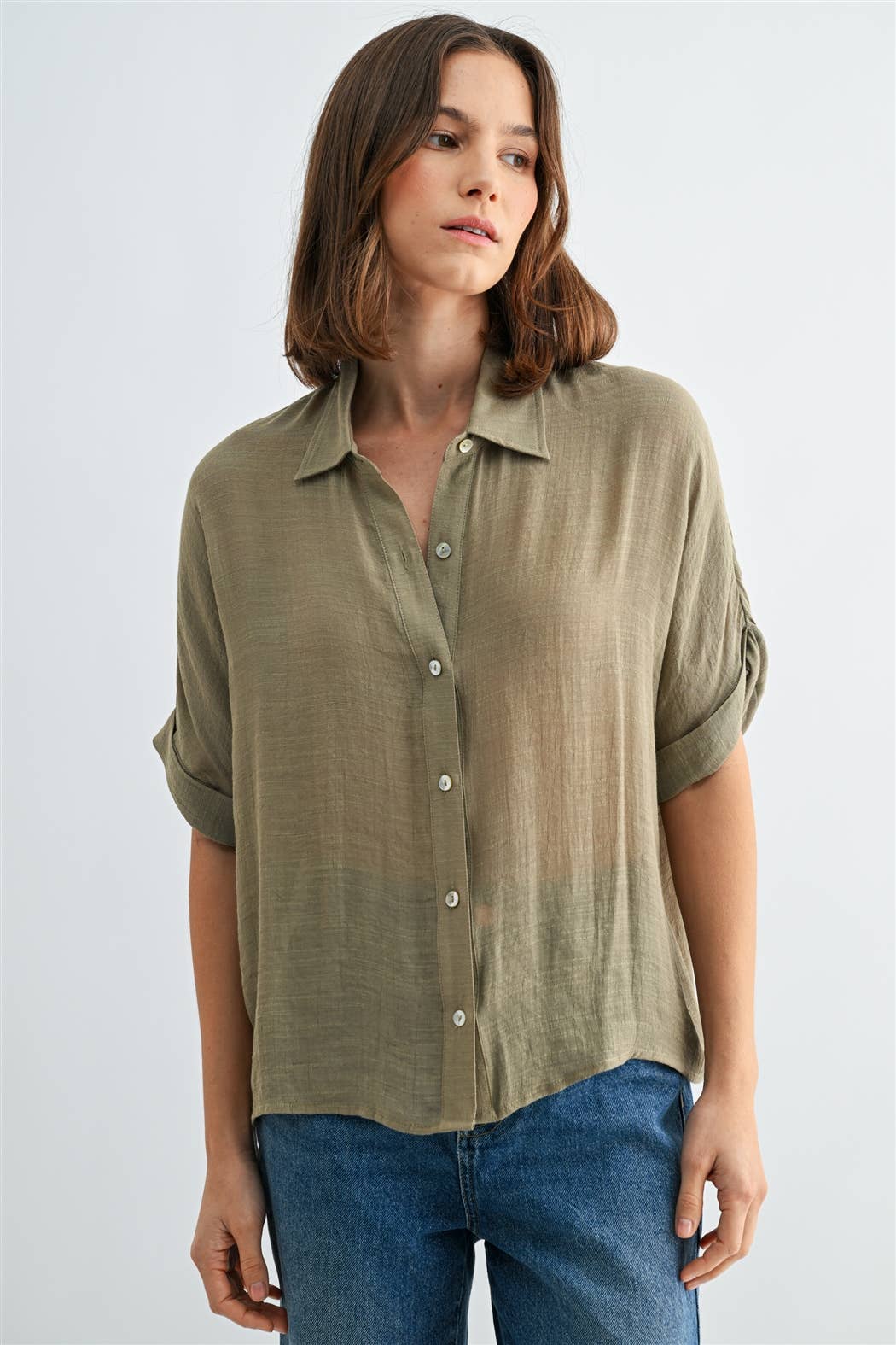 BUTTON DOWN DOLMAN SHORT SLEEVE TOP