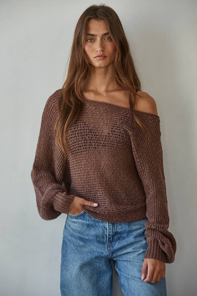 Sweater Knit Crochet Round Neck Long Sleeve Top - By Together