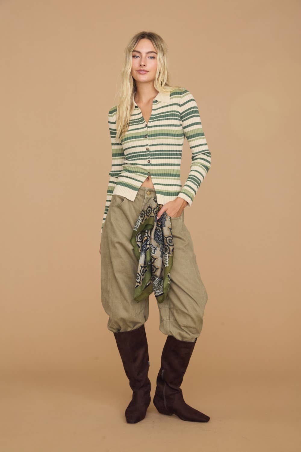 Striped Ribbed Polo Collar Button Knit Top - Dottie Dottie