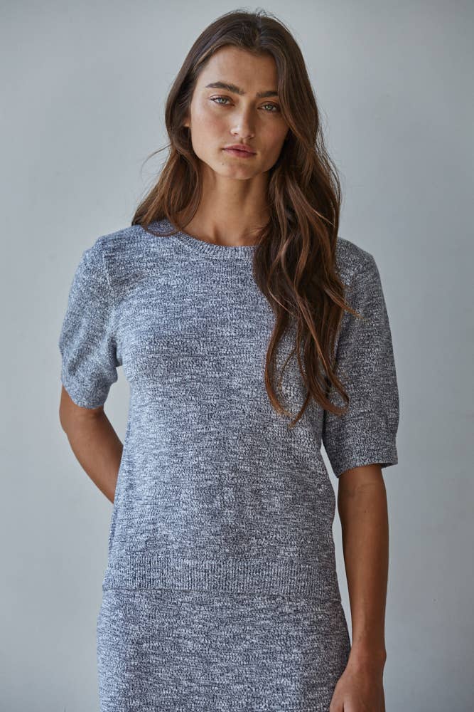By Together - W2448T | Knit Sweater Round Neck Short Sleeve Top