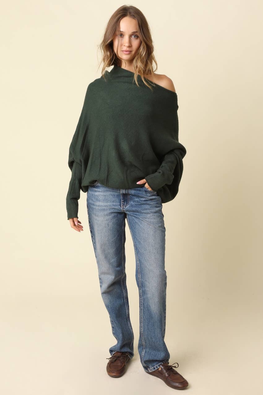 Amar Asymmetric Off-Shoulder Sweater - Olivaceous