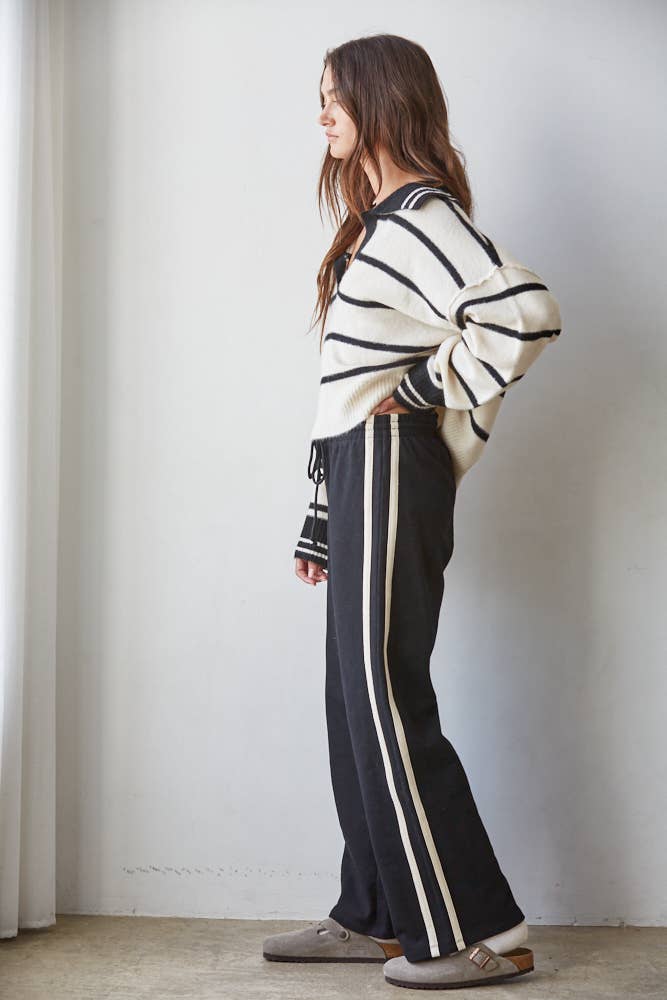 W1337 | Knit Sweater Striped Collar V-Neck Long Sleeve Top