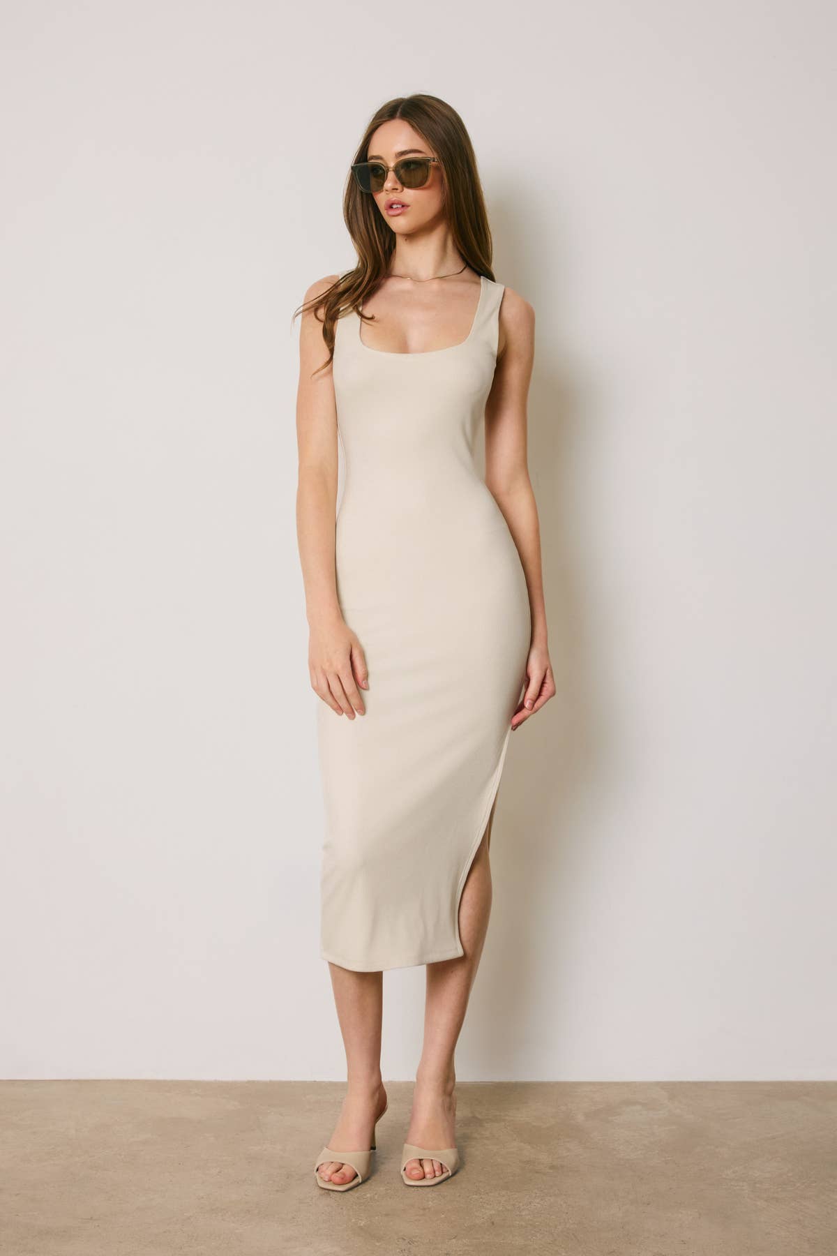 Ribbed Knit Square Neck Bodycon Midi Dress