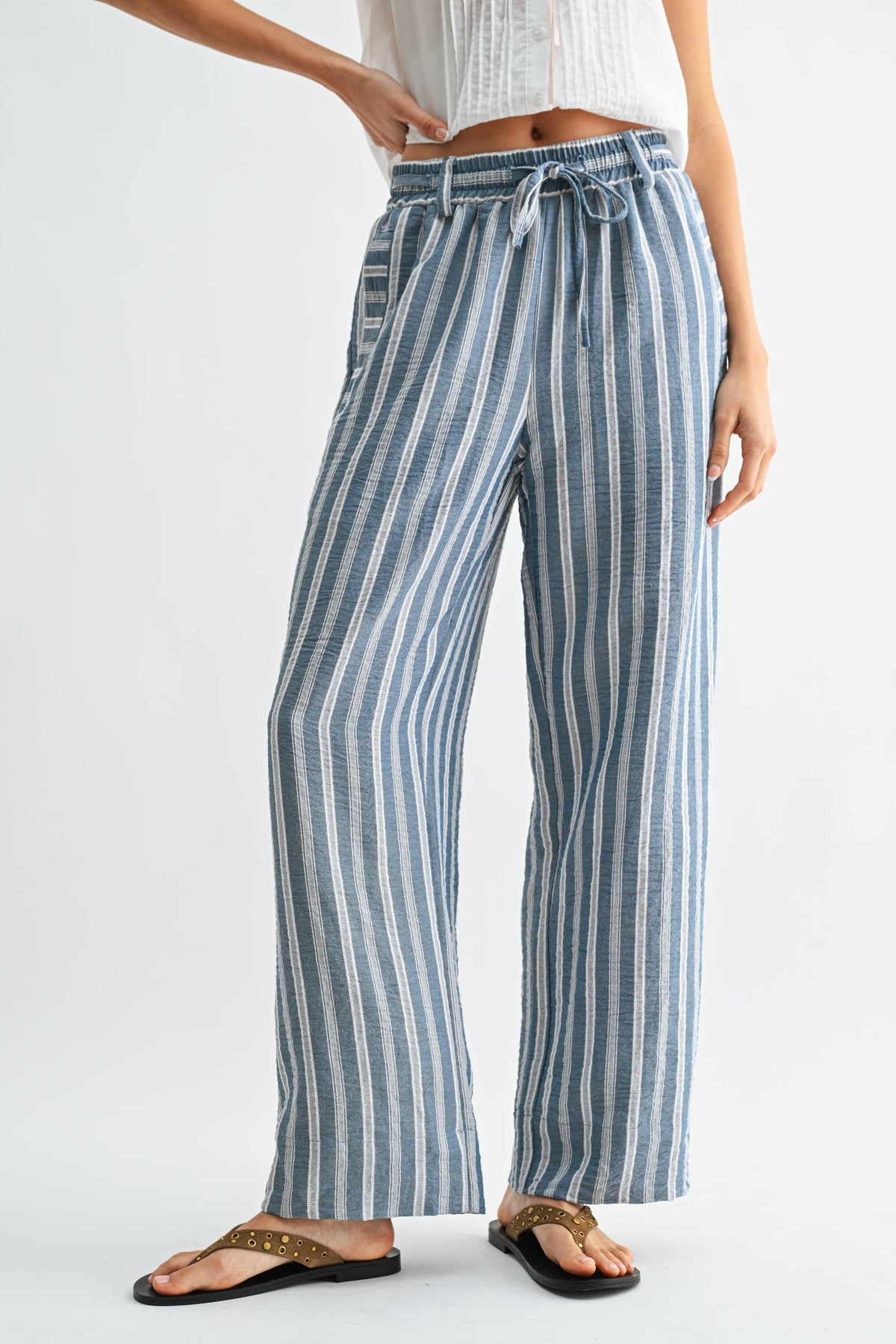 Striped Wide Leg Drawstring Pants - Camellia