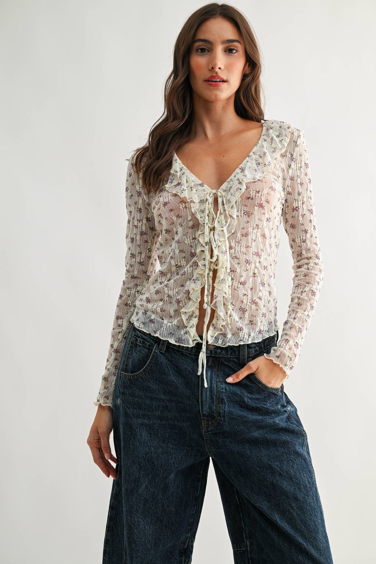 Sheer Floral Lace Long Sleeve Blouse - Camellia