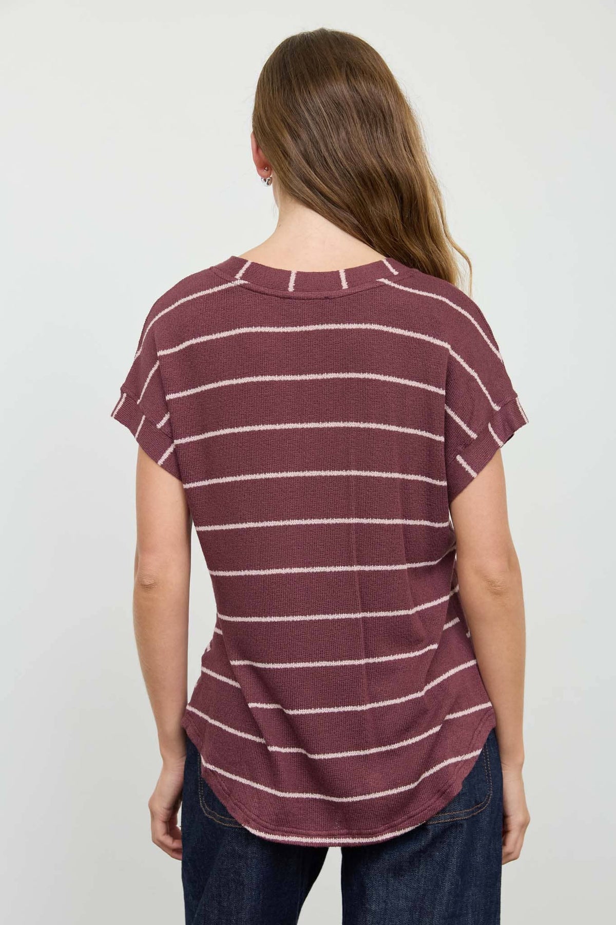 STRIPE V NECK CUFFED SLEEVE KNIT TOP - Blu Pepper