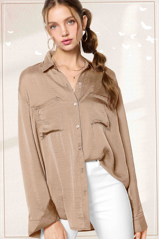 La Miel - SRT7452-Silky and Flowy Button Down Long Sleeve Shirts
