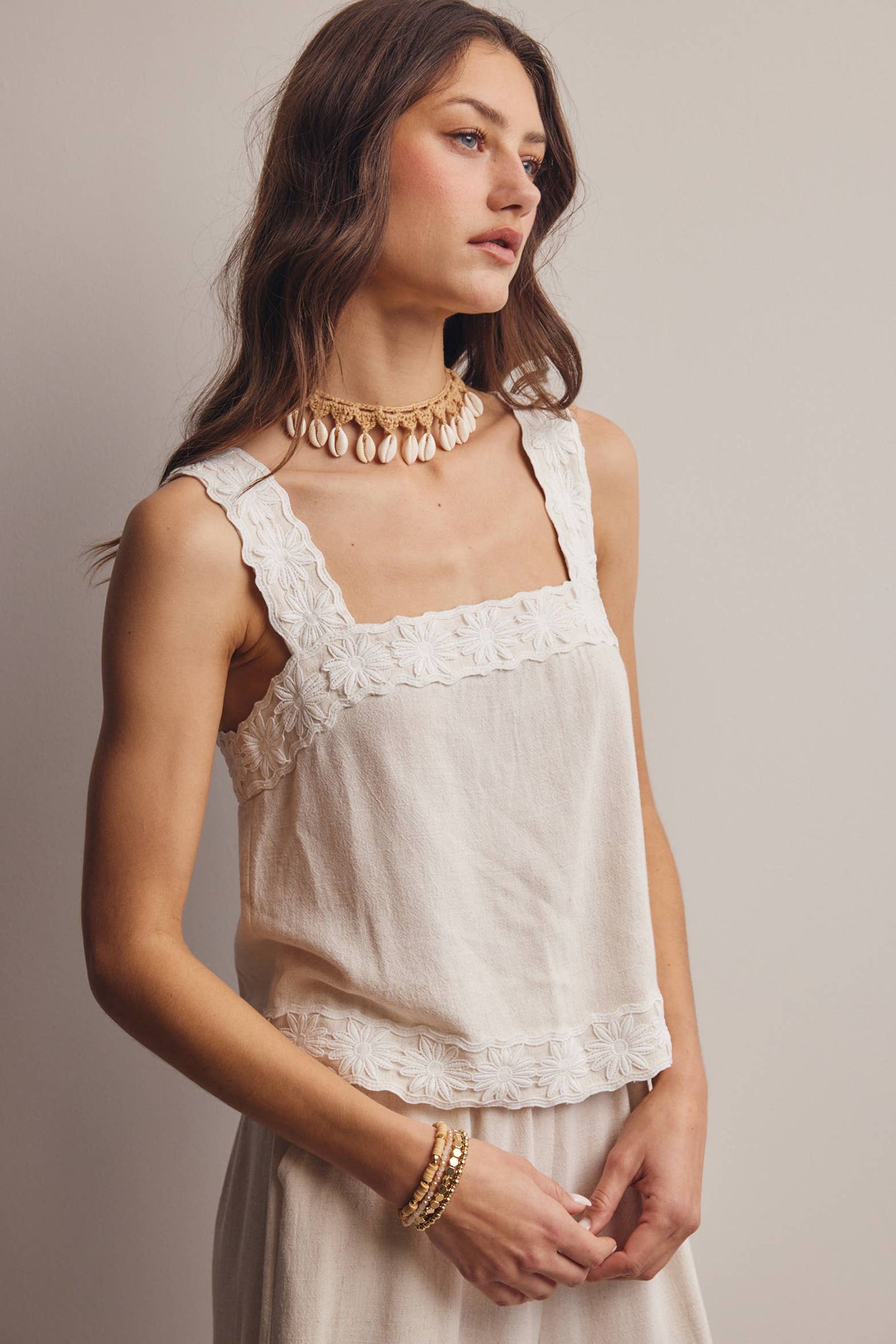 Embroidered Square-Neck Tank & Wide-Leg Pants Set FSET011
