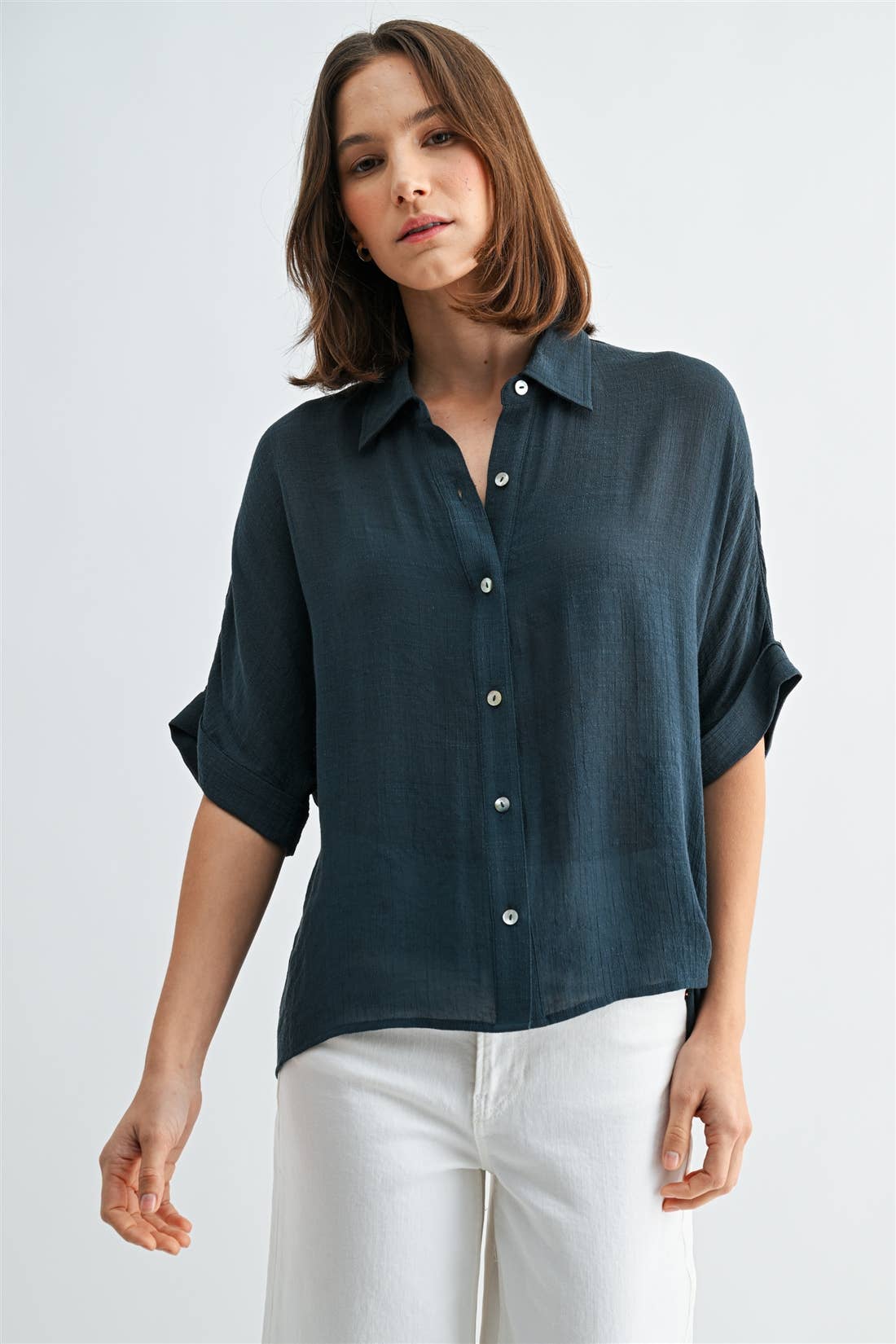 BUTTON DOWN DOLMAN SHORT SLEEVE TOP