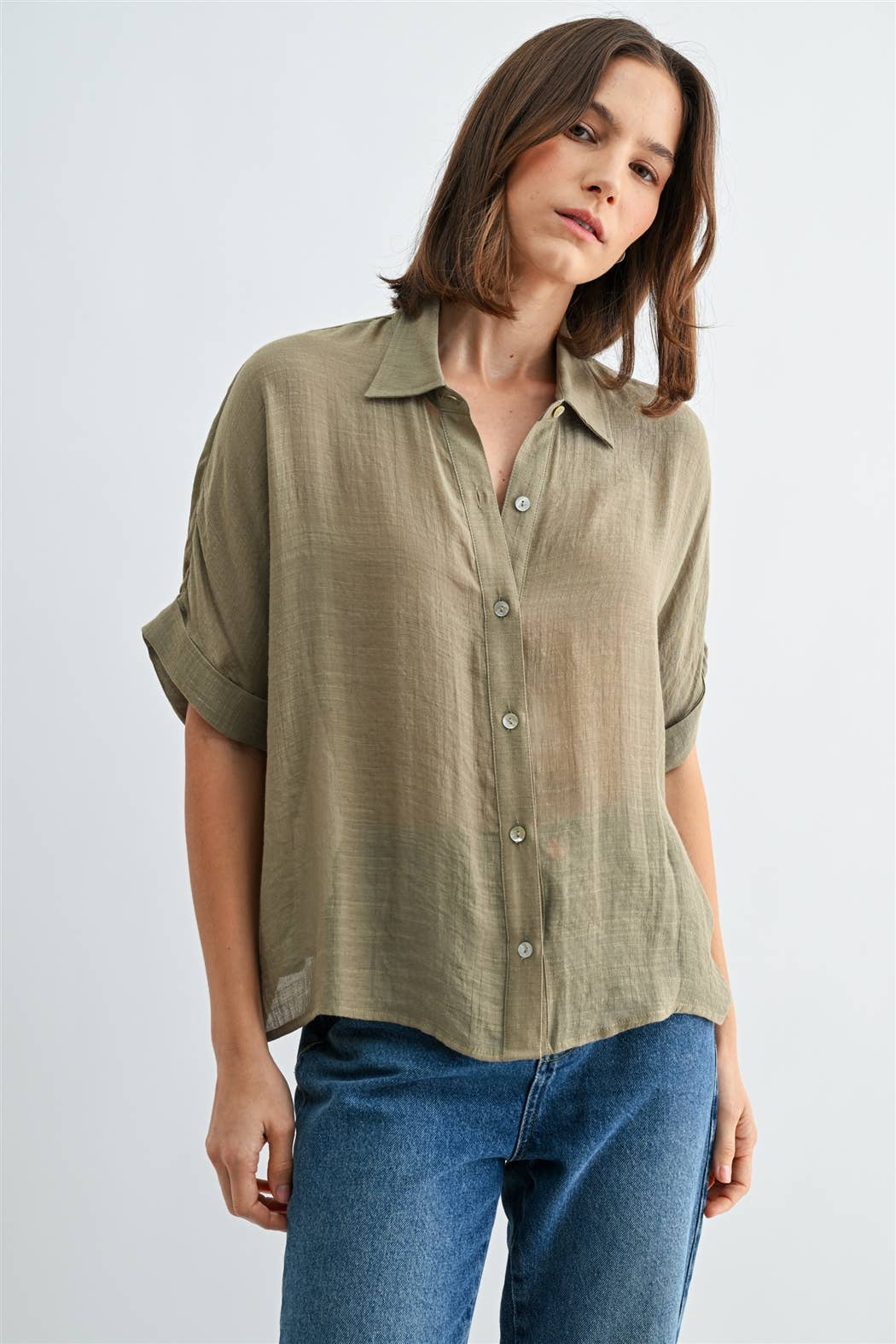 BUTTON DOWN DOLMAN SHORT SLEEVE TOP