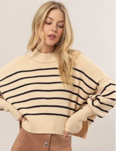 Mock Neck Striped Pullover Sweater