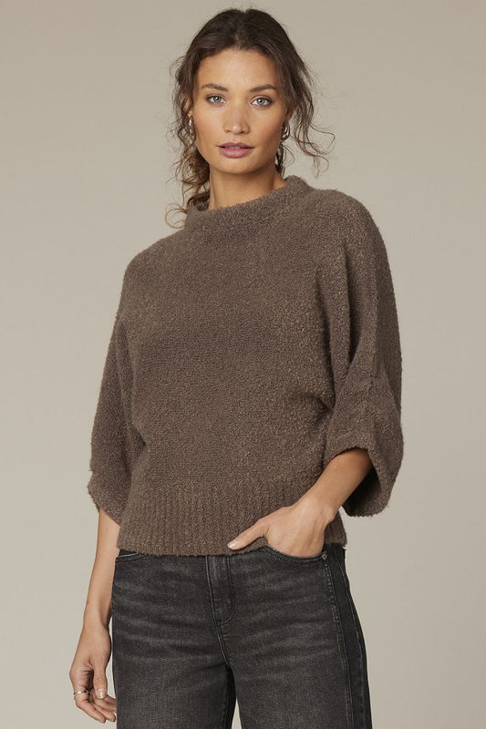 3/4 DOLMAN SLEEVE, FUNNEL NECK, BANDED HEM SWEATER