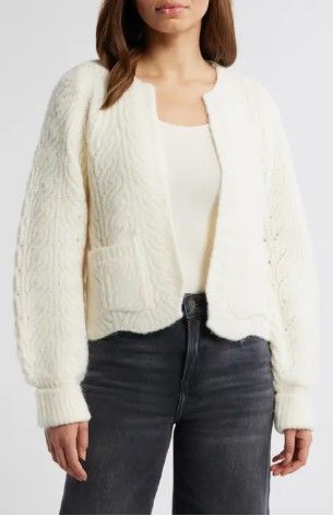 LONG BLOUSON SLEEVE, COLLARLESS OPEN FRONT, PATCH POCKET SWEATER CARDIGAN