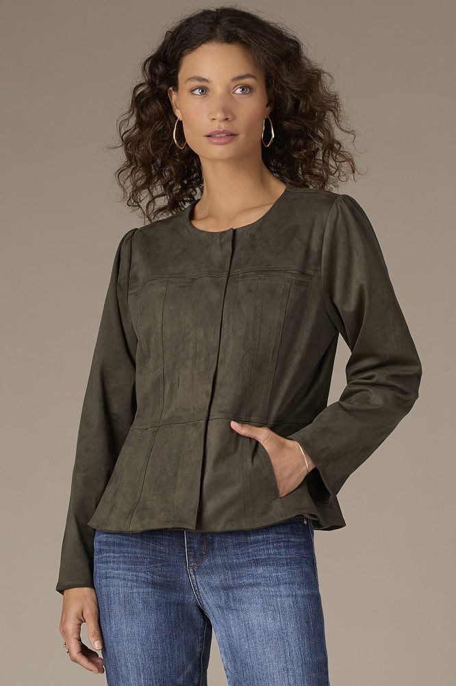 LONG SLEEVE COLLARLESS PEPLUM JACKET W/ HIDDEN SNAPS