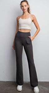 RIB BRUSHED HIGH RISE BELL BOTTOM PANT WITH SIDE POCKETS