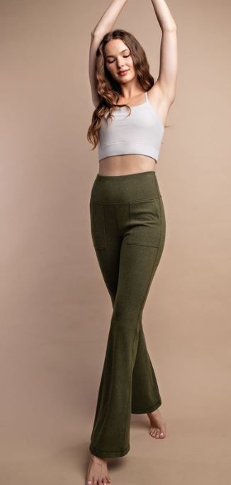 RIB BRUSHED HIGH RISE BELL BOTTOM PANT WITH SIDE POCKETS