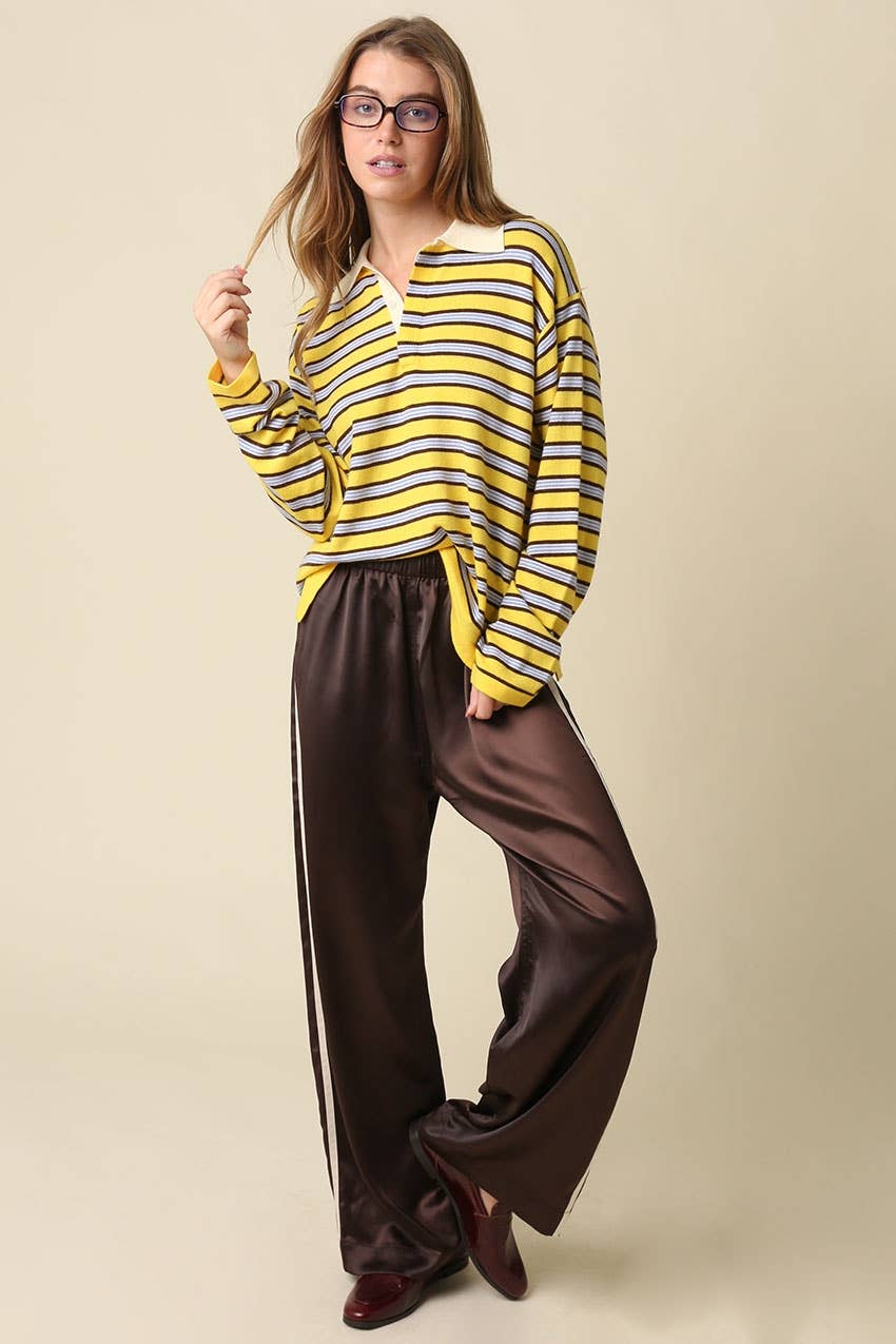 Lena Stripe Collared Knit Top - Olivaceous