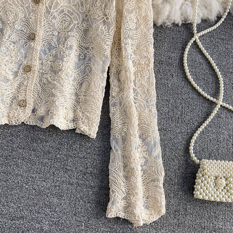 Hope & Sunshine - Crochet Cutout Long Sleeve Lace Mesh Top