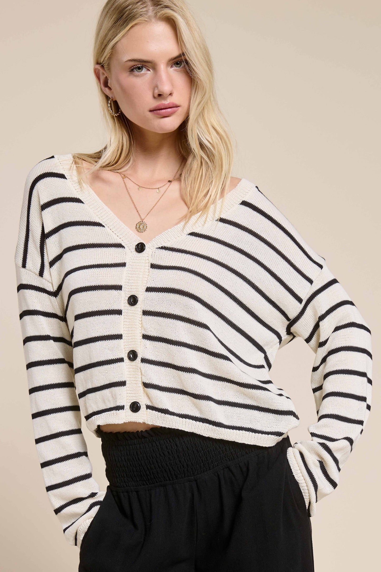 La Miel - MDS3611-Relaxed Striped Summer V Neck Button Down Cardigan