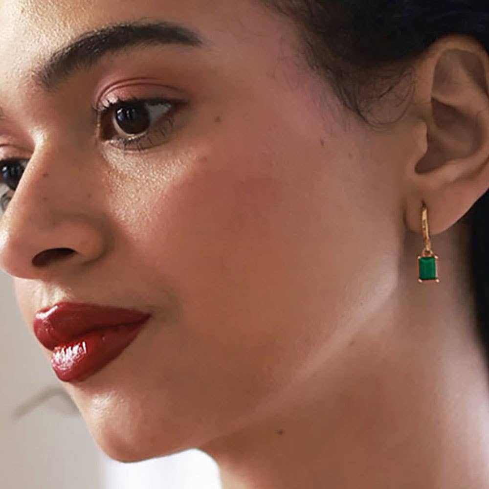 Emerald Green Rectangle Stone Huggie Hoop Earrings - Amano Studio