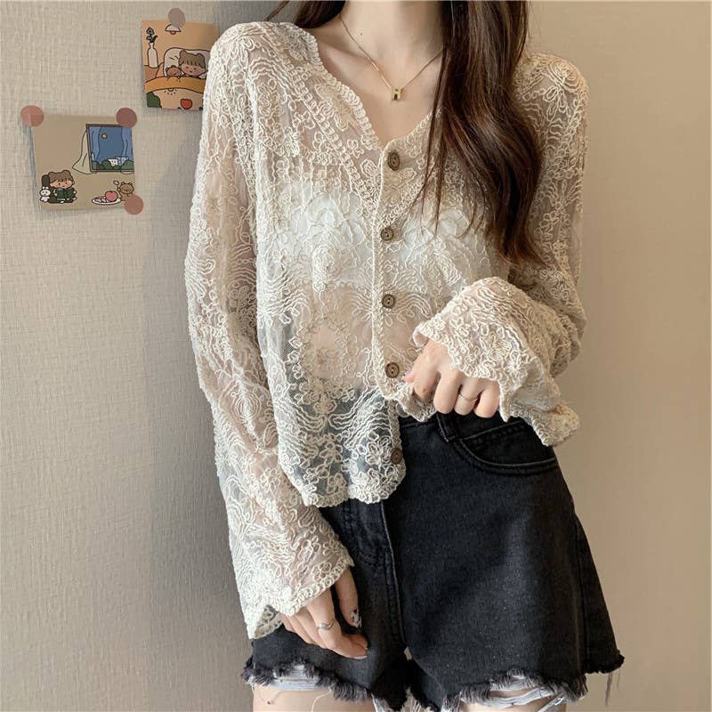 Hope & Sunshine - Crochet Cutout Long Sleeve Lace Mesh Top