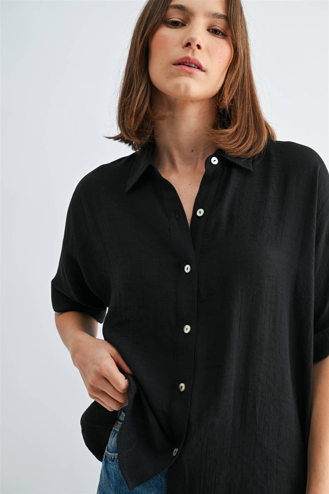 BUTTON DOWN DOLMAN SHORT SLEEVE TOP