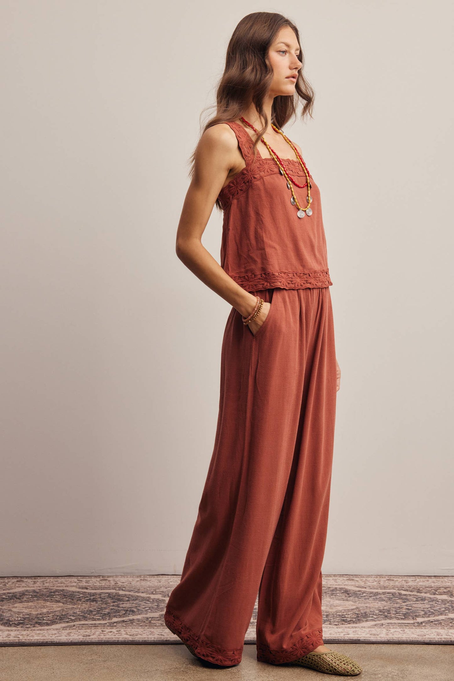 Embroidered Square-Neck Tank & Wide-Leg Pants Set FSET011