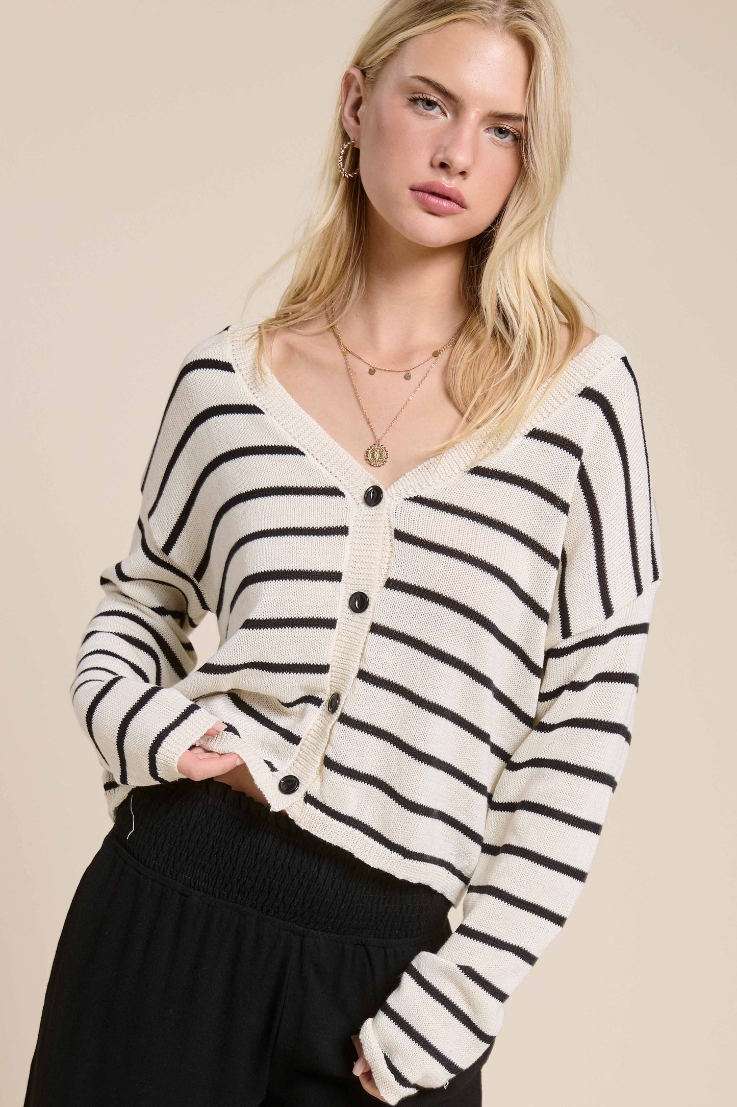 La Miel - MDS3611-Relaxed Striped Summer V Neck Button Down Cardigan