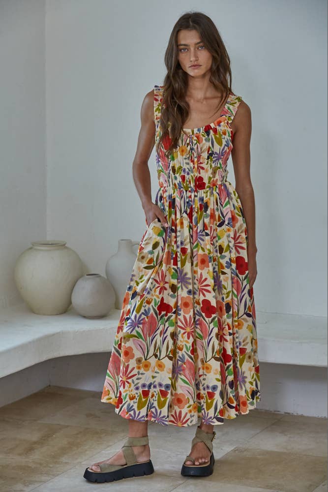 L9342 | Woven Cotton Rayon Floral Print Sleeveless Dress