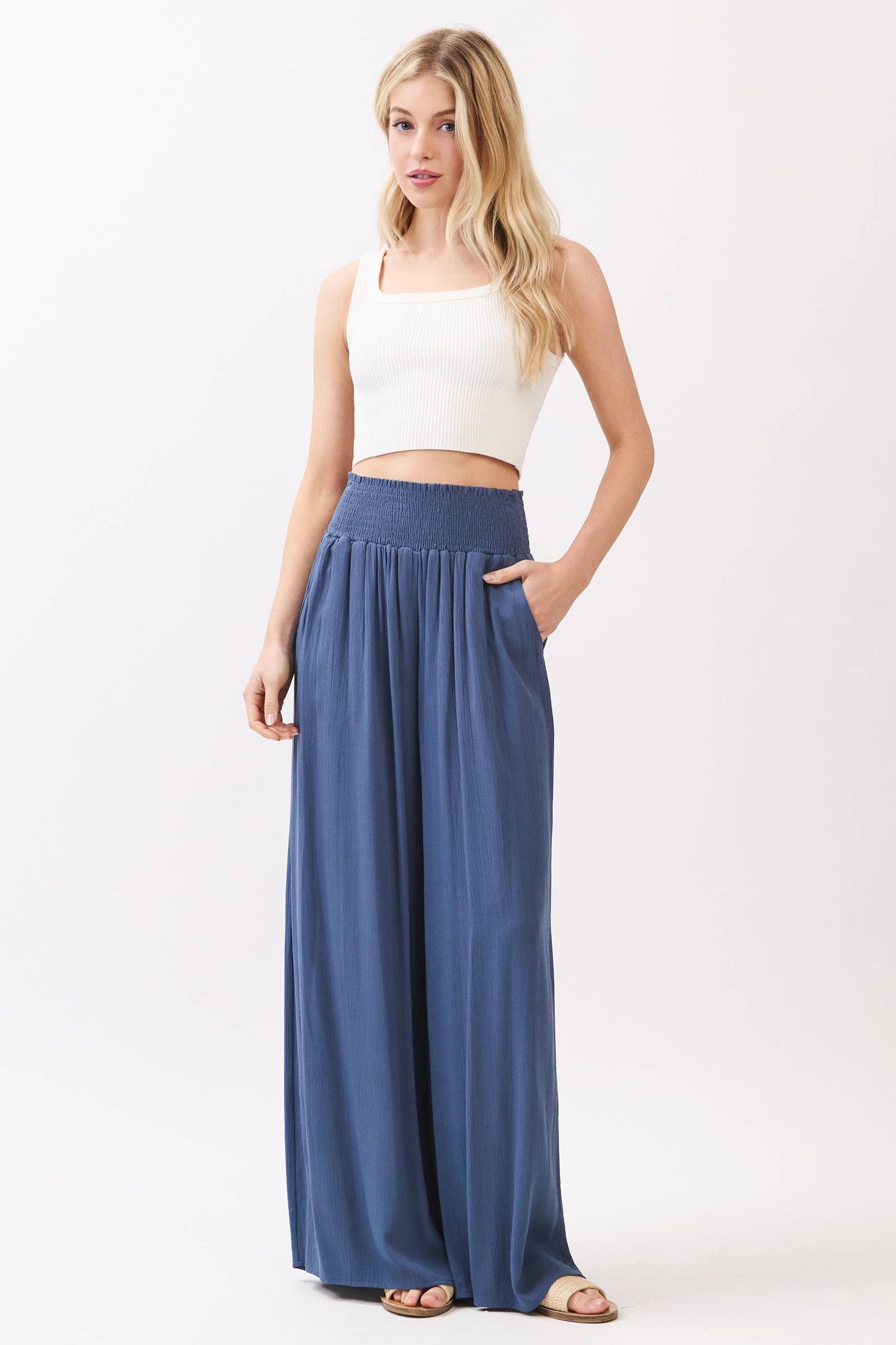 WIDE SMOCK WAIST WIDE LEG PANTS - VNP70263D