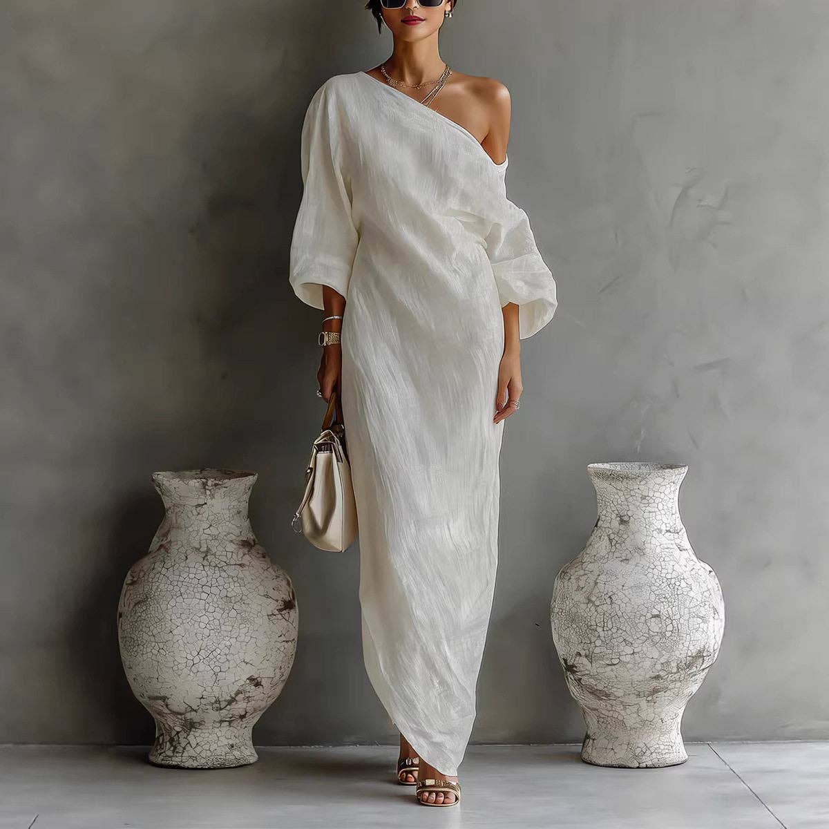 Off Shoulder Long Sleeve Solid Color Dress - UZWS