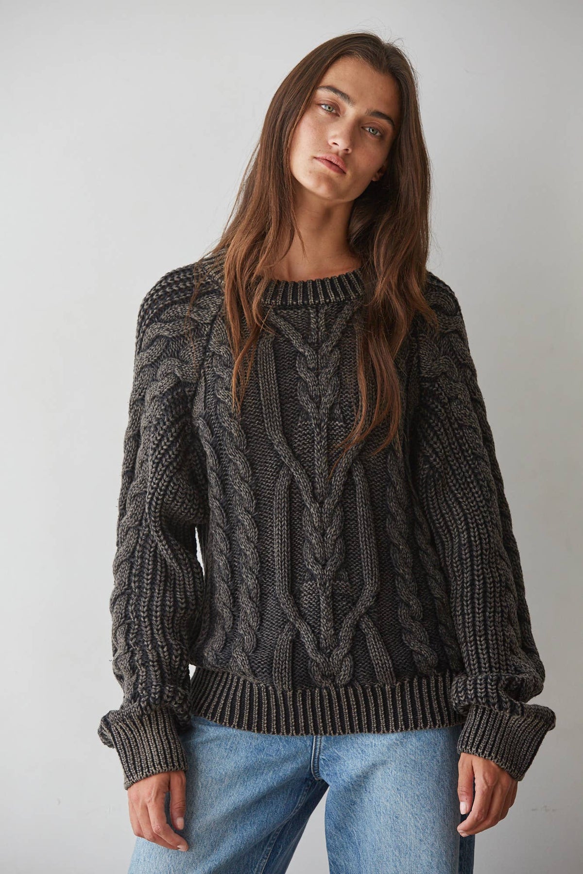 Knit Sweater Cotton Cable Knit Crew Neck Pullover - By Together