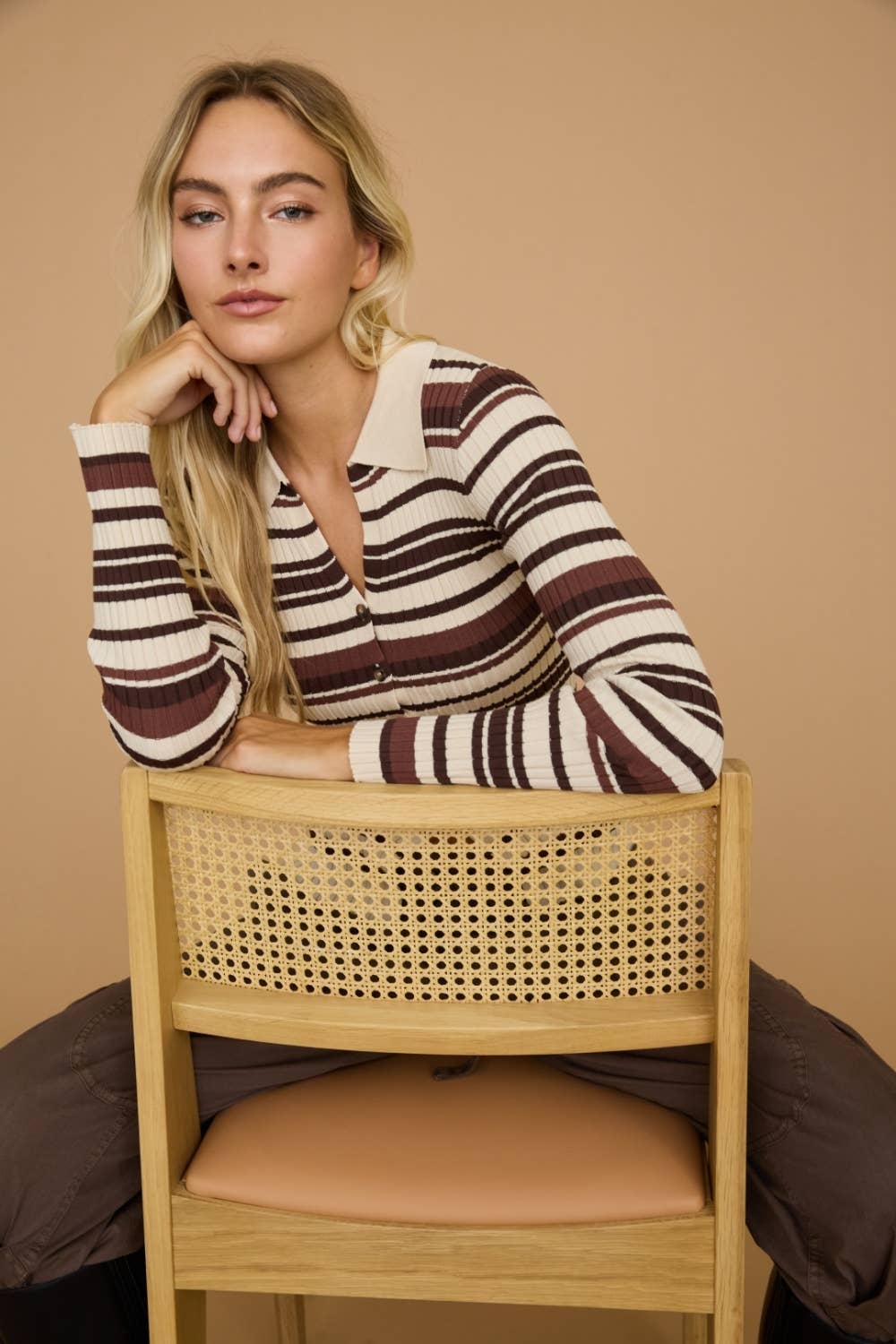 Striped Ribbed Polo Collar Button Knit Top - Dottie Dottie