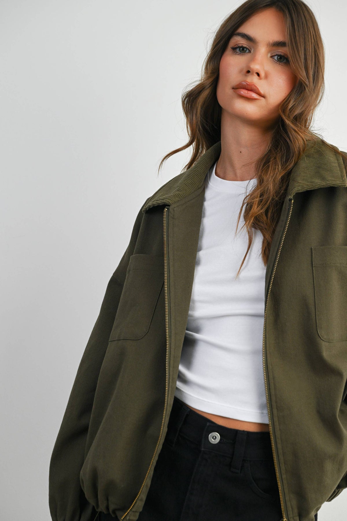 BUTTERMELON - Cord Collar Zip-Front Long Sleeve Jacket - BMJ7780