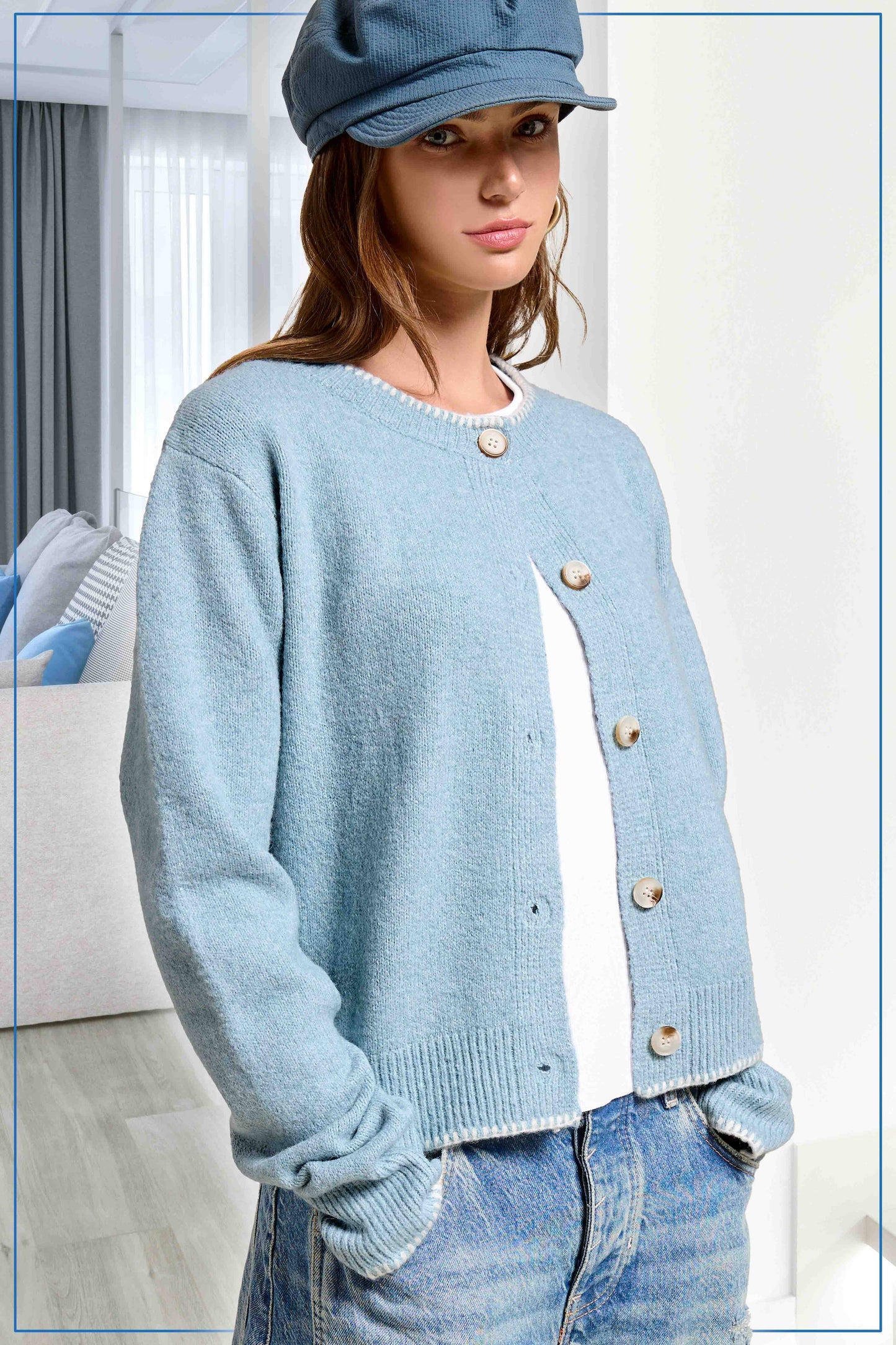 La Miel - MDS3612-Fuzzy Cardigan With Marble Button & Blanket Stitch