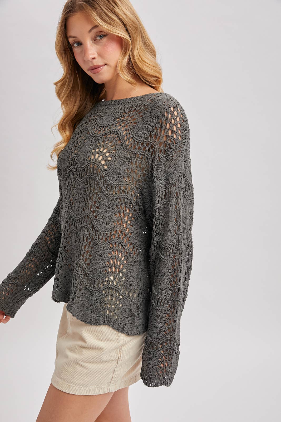Bluivy - BOAT NECK SCALLOPED HEM OPEN KNIT SWEATER