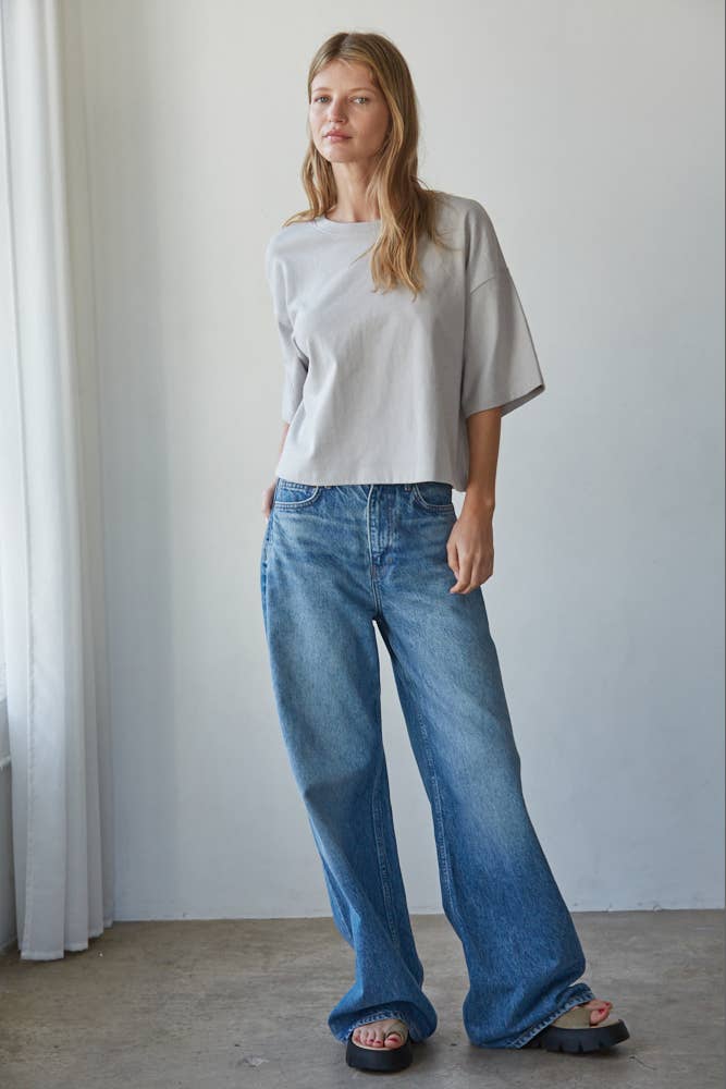 By Together - L8688 | Knit Cotton Crew Neck Drop Shoulder Short Sleeve Top