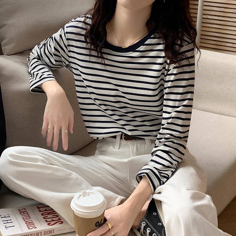 Striped Loose Fit Long Sleeve T-Shirt - Sheer Trend