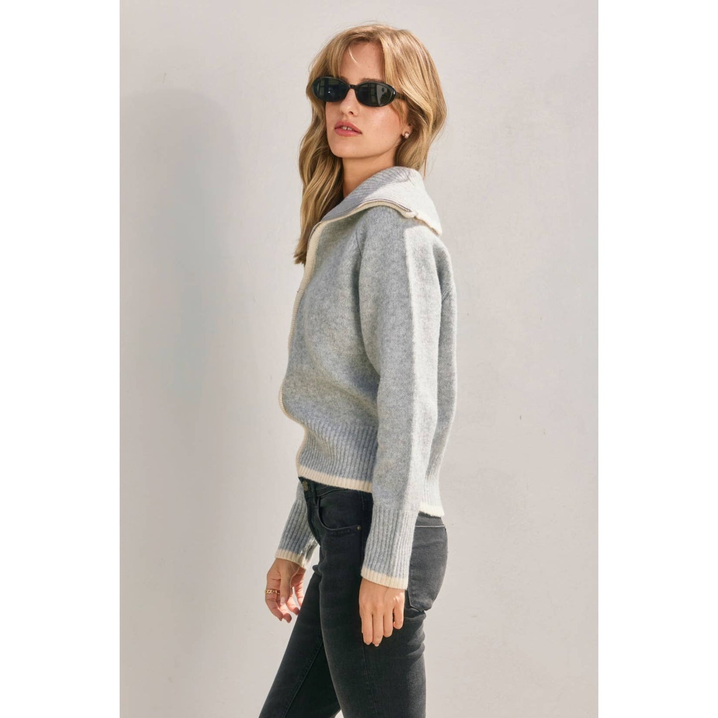 Sailor Collar Contrast Zip Up Cardigan
