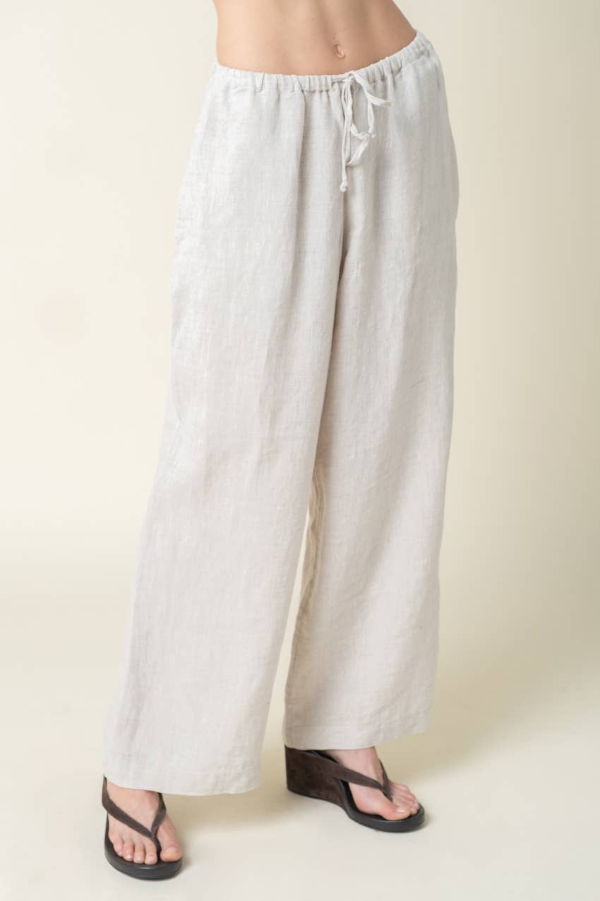Millie Wide-Leg Drawstring Linen Pants - Olivaceous