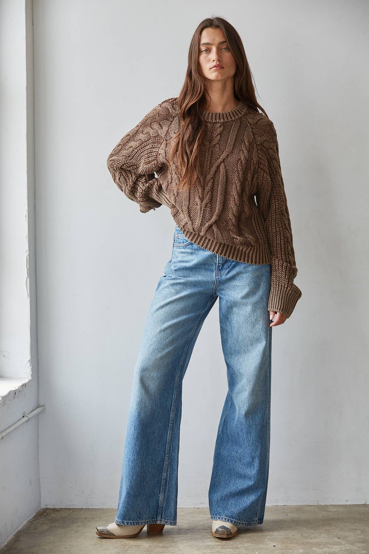 Knit Sweater Cotton Cable Knit Crew Neck Pullover - By Together