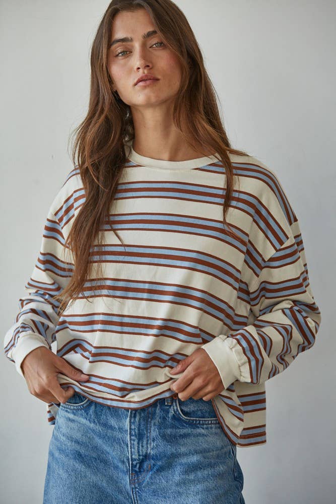 Knit Cotton Multicolor Stripe Crew Neck Long Sleeve - By Together