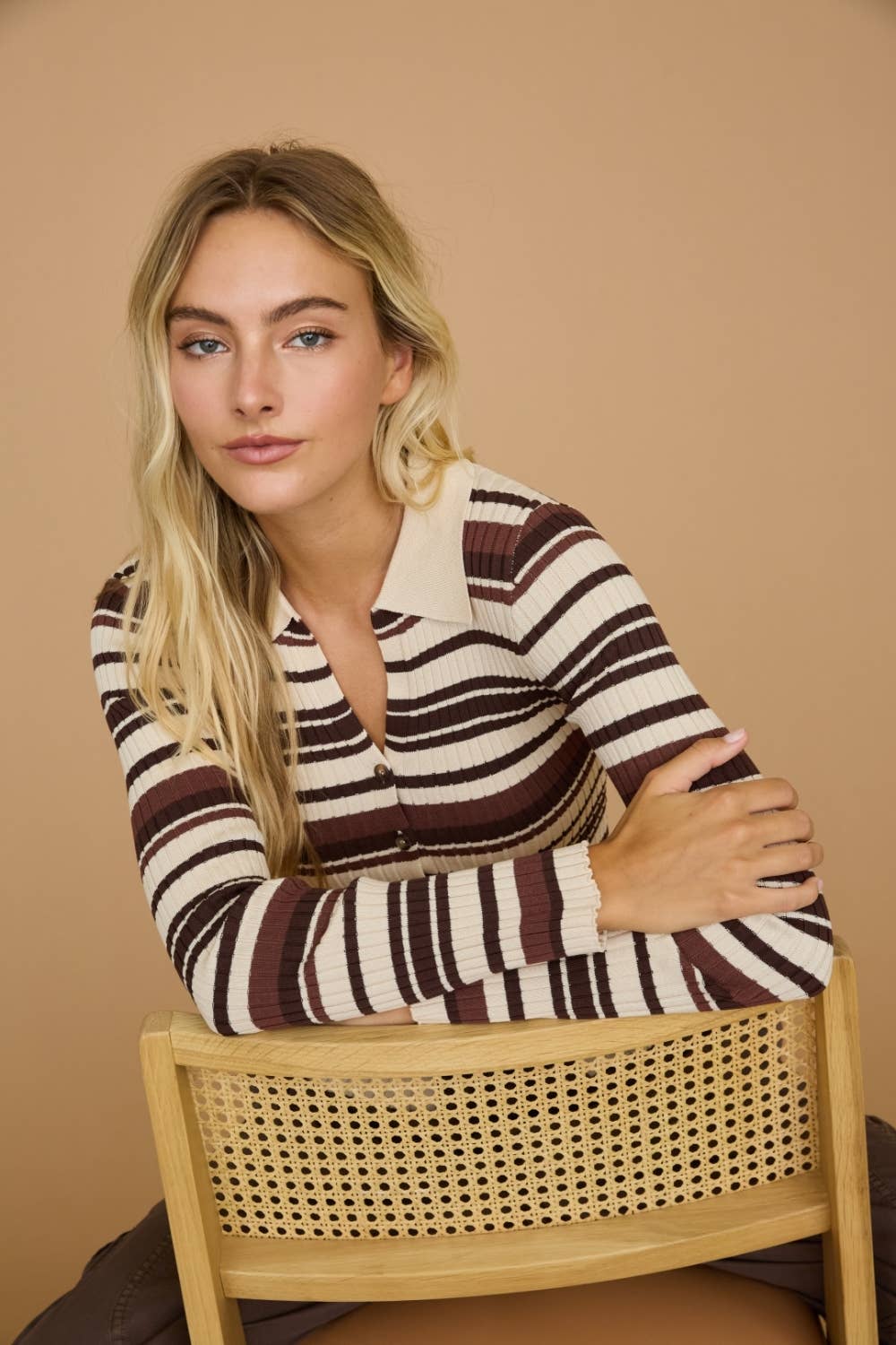 Striped Ribbed Polo Collar Button Knit Top - Dottie Dottie